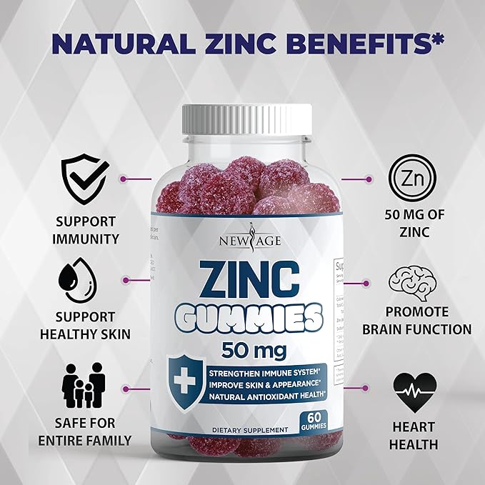 Zinc Gummies - 2 Pack - 50mg High Immune Booster Zinc Supplement, Immune Defense, Powerful Natural Antioxidant, Non-GMO - by New Age (Zinc/Vitamin C)