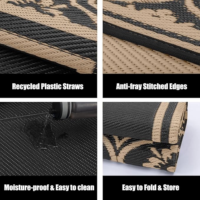 Outdoor Rug 8x10 Patio Waterproof Mat Camping Carpet Outside Area Rug Reversible Brown Rugs for RV Deck Entryance Porch Picnic Balcony Beach