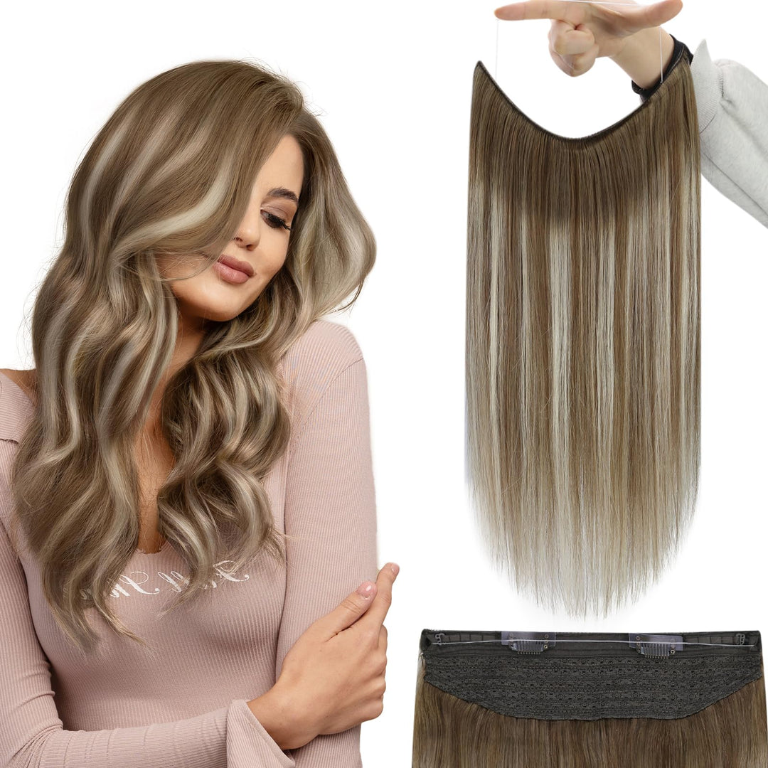 Fshine Invisible Wire Hair Extensions Real Human Hair Ombre Chestnut Brown To Platinum Blonde Fishing Line Extensions Brown Ombr