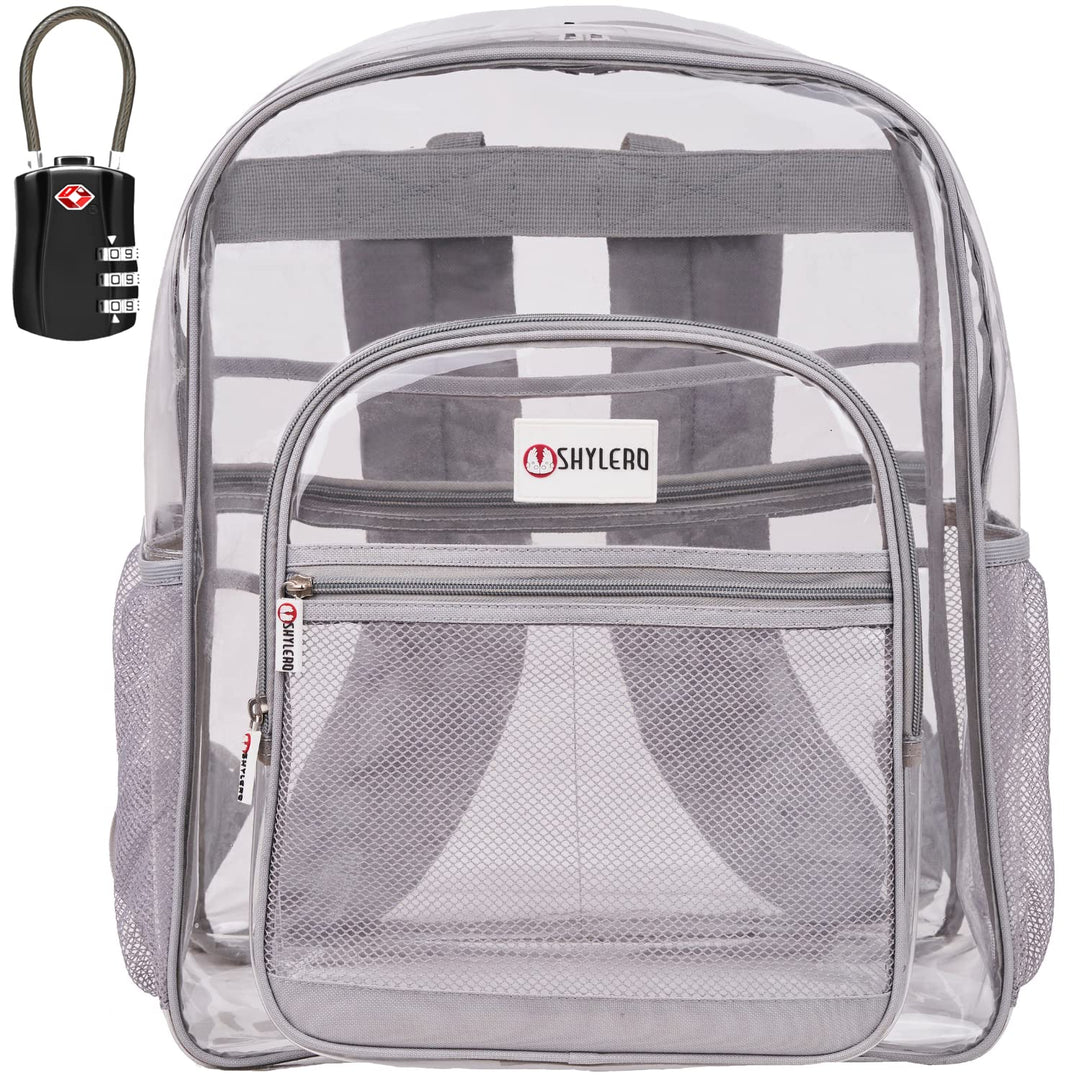 SHYLERO Clear Backpack Heavy Duty has TSA Lock, 2-WAY Zipper. PVC Transparent Backpack Is Extra Large - H18''xW14''xD8 - Light Gray