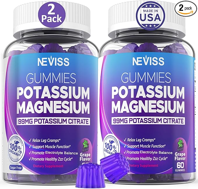 Potassium Magnesium Gummies - Potassium Supplement w/Ashwagandha 200mg, High Absorption Magnesium Glycinate,B6,B12,P-otassium Citrate for Leg Cramps,Muscle,Electroyte for Adults Kids,Sugar-Free,2Pack