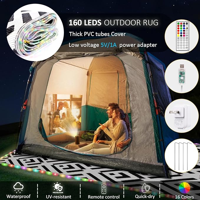 Outdoor Rug 5x8Ft, 16 Colors Plug in 160LEDs Waterproof Outdoor Rug, Waterproof Plastic Reversible Outdoor Straw Rug, Large Area Rug for RV Camping Deck Patio Beach Balcony Backyard Picnic