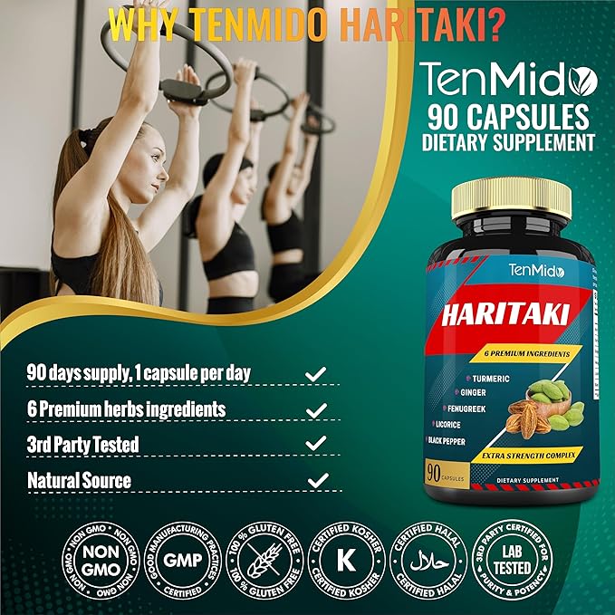 Haritaki Supplements Extract Capsules with Turmeric, Ginger, Fenugreek, Licorice, Black Pepper | Nourishes, Rejuvenates Body, 3 Months Supply