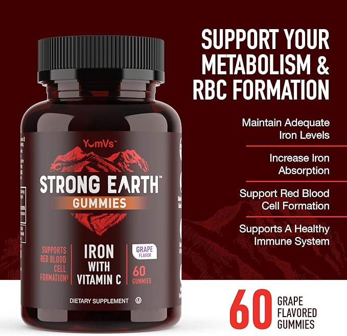 YUM-V'S Strong Earth Iron with Vitamin C Gummies (60 Count) - Iron Supplements with Vitamin C Gummy - Blood Builder Anemia FE Iron Gummies, Iron Supplement for Women and Men