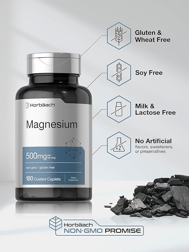 Horbäach Magnesium 500mg | 180 Caplets | Vegetarian, Non-GMO, and Gluten Free Supplement