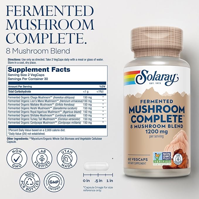 SOLARAY Fermented Mushroom Complete - Organic Chaga, Reishi, Shiitake, Cordyceps, Turkey Tail Mushroom and Lions Mane Supplement Capsules - 8 Mushroom Supplement - Non-GMO, 30 Servings, 60 VegCaps
