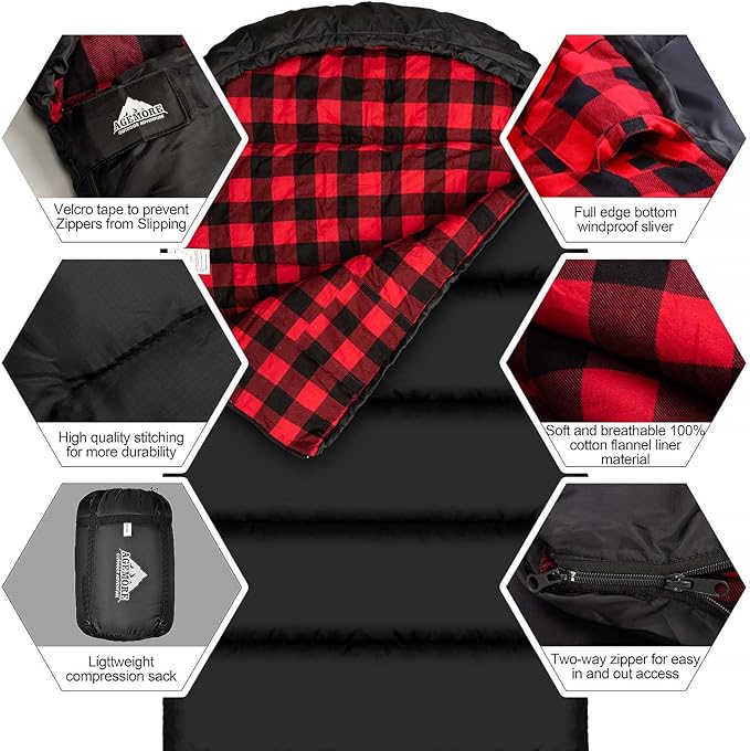 AGEMORE Cotton Flannel Sleeping Bag XL for Camping, Envelope Sleeping Bags for Adults 91"X35", Great for 3-4 Season Traveling, Hiking & Outdoor Activities, Waterproof Comfort with Compression Sack