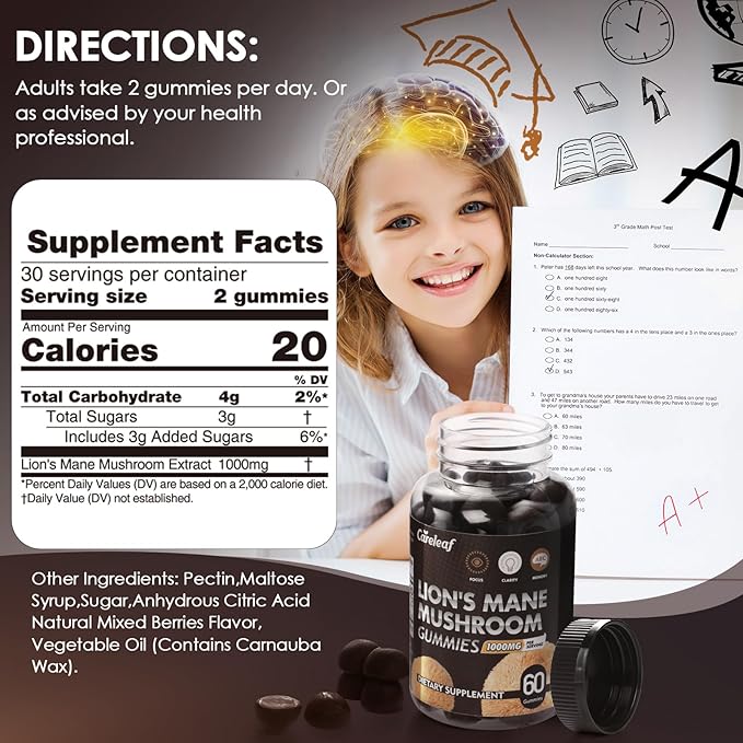 Lions Mane Mushroom Gummies for Nootropic Brain Supplement, Immune Support,Stress Relief Mushroom Supplement Berrry Flavor 60 Count