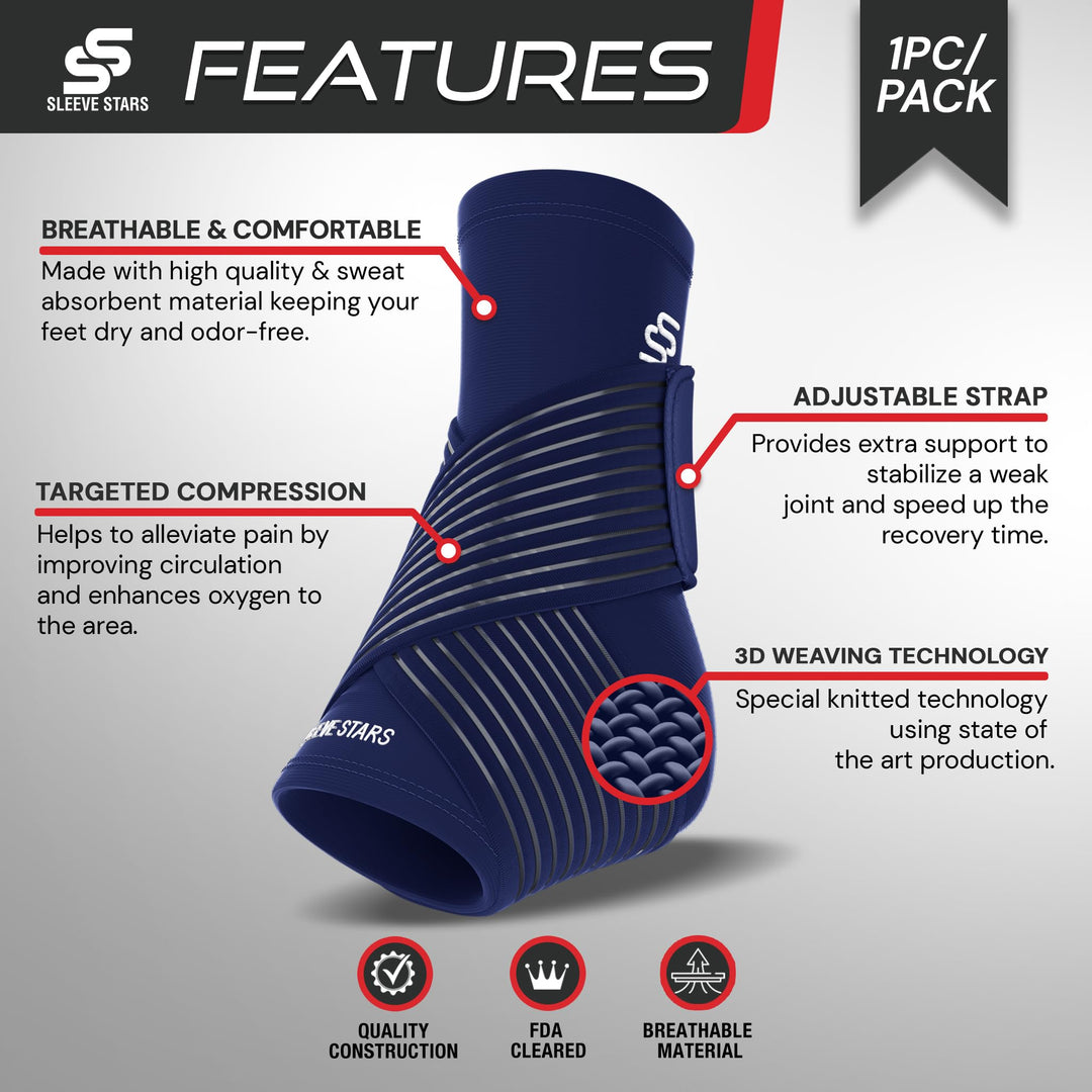 Sleeve Stars Ankle Support for Ligament Damage & Sprained Ankle, Plantar Fasciitis Support & Achilles Tendonitis Pain Relief, Ankle Brace for Women & Men w/Compression Ankle Strap (Single/Navy Blue)