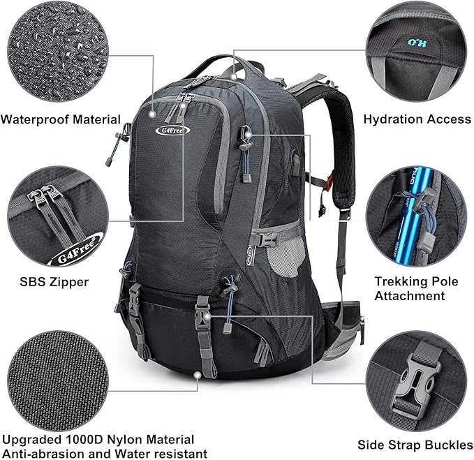 G4Free 50L Hiking Backpack Waterproof Daypack Outdoor Camping Climbing Backpack with Rain Cover for Men Women(Dark Grey)