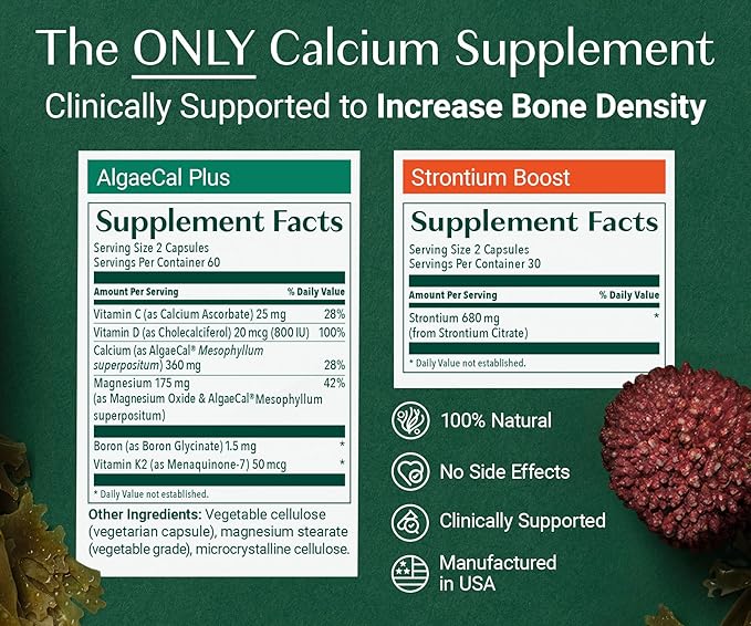 AlgaeCal - Bone Builder Pack for Bone Density Increase, Clinically Supported Plant Based Calcium Supplement & Strontium, Vitamins K2 (100mg), D3 (1600 IU), Magnesium & 16 Essential nutrients
