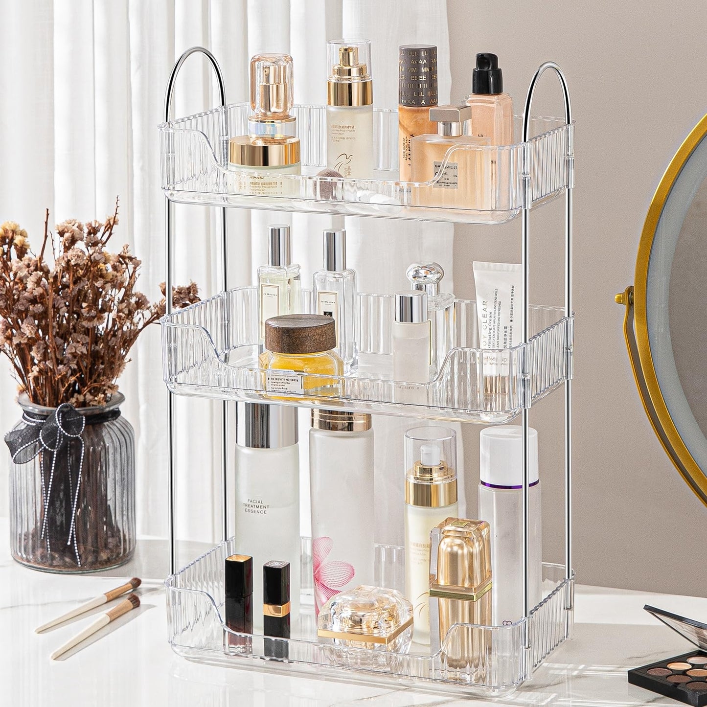 Bathroom Organiser Countertop - Vanity Trays for Skincare Makeup, 3-Tier Counter Shelf for Cosmetics, Toiletries, Lotions, Perfumes (Clear)