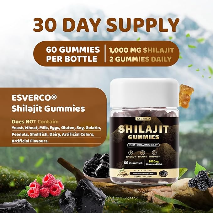 Shilajit Gummies Supplements, Pure Himalayan Shilajit Gummies, Lab Test, Trace Minerals, Shilajit for Men, Women, Non-GMO, Natural Color & Flavor, 60 Count