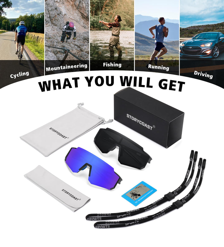 STORYCOAST Sports Running Sunglasses for Men Women Cycling Driving Fishing Bike Sunglasses Polarized UV400 Protection 2Pack Matte Black/Gray+Matte Black/Dark Blue