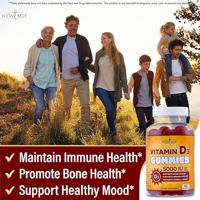 NEW AGE Vitamin D3 5000 IU 125mcg Gummies - Support Immune Support, Strong Bone Health - Non-GMO, Gluten-Free, Dairy-Free, No Gelatin (120 Gummies (Pack of 2))