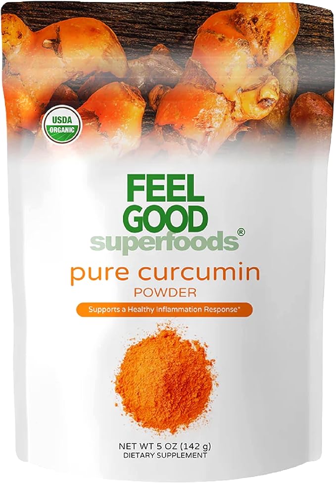 Feelgood Organic Superfoods Pure Curcumin Powder, Organic, Non-GMO, Vegan from Bulk Ground Turmeric Root from India, Curcuma Longa Joint Supplement, 5 oz