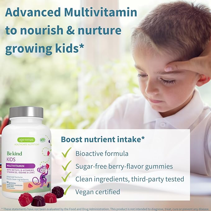 Igennus Methylated Kids Multivitamin Gummy, MTHFR Supplement with B-Vitamins & Vitamin D, No Artificial Sweeteners or Flavors, Sugar Free, Age 4+, 90 Berry Gummies, Non-GMO, Halal, Clean Label x6