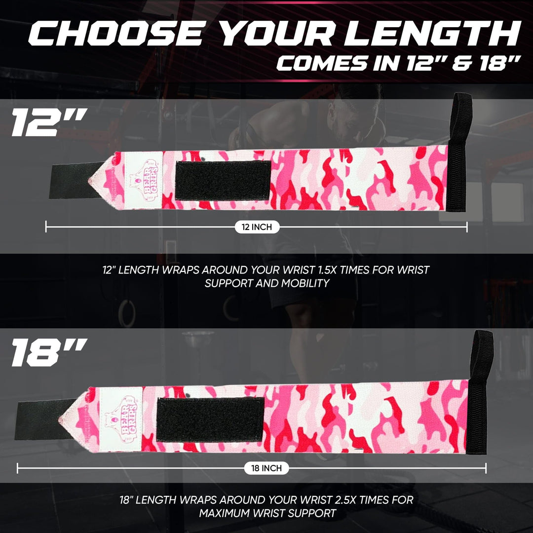 Bear Grips Extra Strength Gym Wrist Wraps for Weightlifting | 2 Wrist Wraps Per Pack | 12" & 18" | Pink, Polyester Material | Unisex