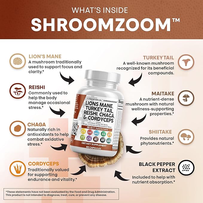 Clean Nutraceuticals Lions Mane 20in1 Mushroom Supplement with Turkey Tail Reishi Cordyceps Chaga Maitake Meshima Poria Cocos Shiitake Oyster Porcini Enoki - Pack