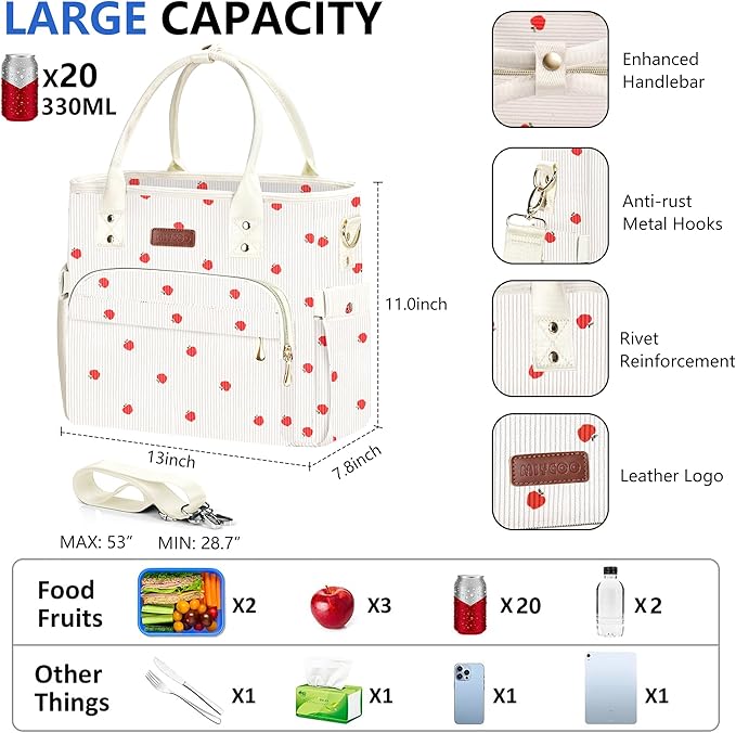 Lunch Bag Lunch Box Women - Leakproof Insulated Lunch Cooler Bag for Women - Large Lunch Tote Bags Adults, Corduroy Apple