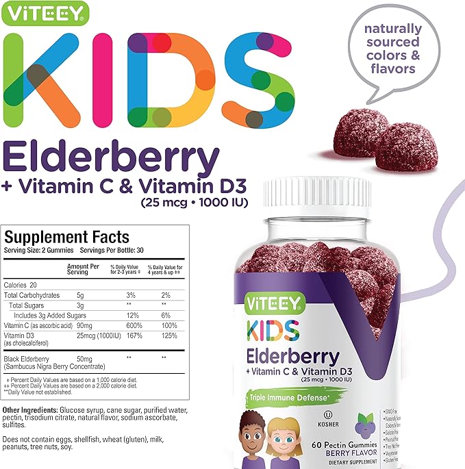 Sambucus Elderberry Gummies for Kids Immune Support Supplements with Vitamin D3 & Vitamin C - 3-1 Immune Booster - Vegetarian, Gelatin Free, Gluten Free, GMO Free - Tasty Chewable Berry Flavored Gummy