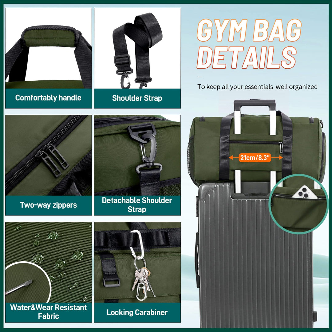 FIORETTO Women's Men's Water-Resistant Gym Duffle Bag with Shoes Compartment, 45L Capacity, Multi-Functional, Ideal for Travel, Gym, Sports, Weekender, Army Green