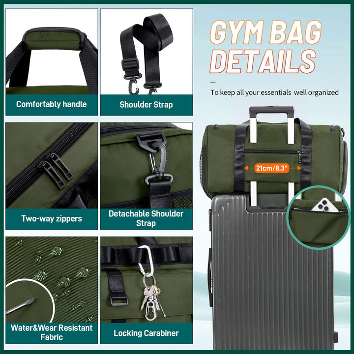 FIORETTO Women's Men's Water-Resistant Gym Duffle Bag with Shoes Compartment, 45L Capacity, Multi-Functional, Ideal for Travel, Gym, Sports, Weekender, Army Green