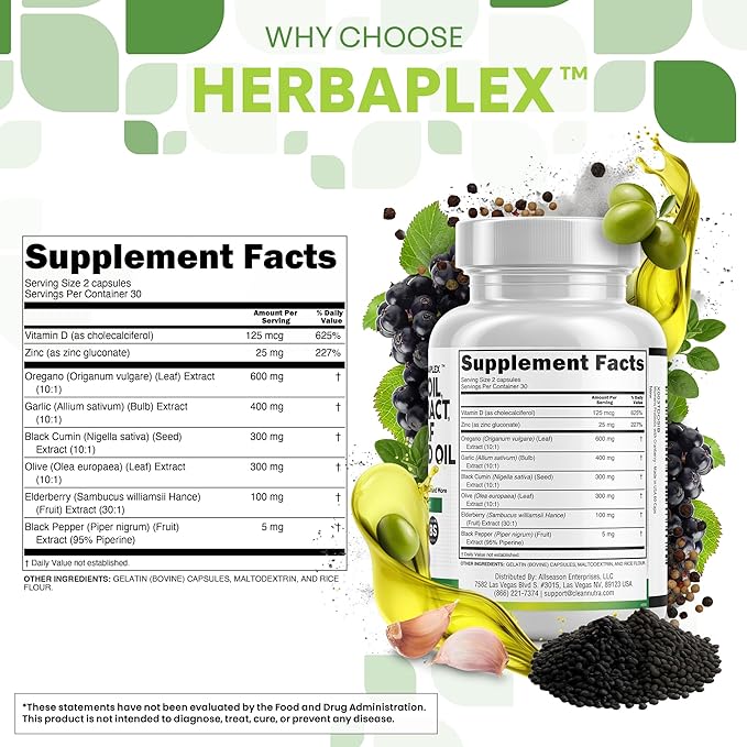 Clean Nutra Oregano Oil with Black Seed Oil Garlic Olive Leaf Extract - Oil of Oregano Capsules Immune Support Carvacrol & Thymoquinone Supplement for Women and Men + Elderberry Vitamin D3 & Zinc