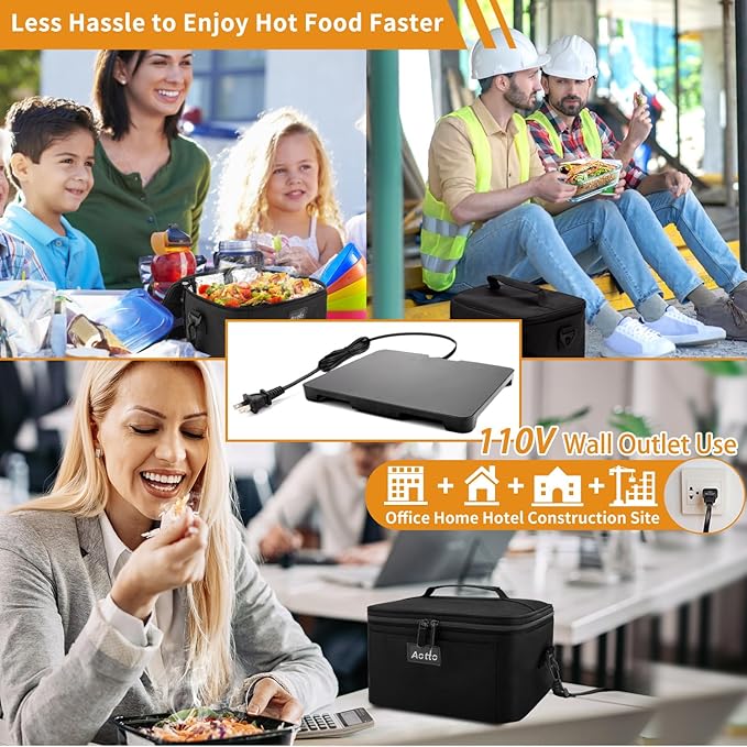 Aotto Portable Oven Electric Lunch Box Food Heater - 80W Heated Lunch Box Food Warmer for Adults, Work, Travel, Home Kitchen - Cook, Reheat, and Keep Warm (Black) 110V/120V