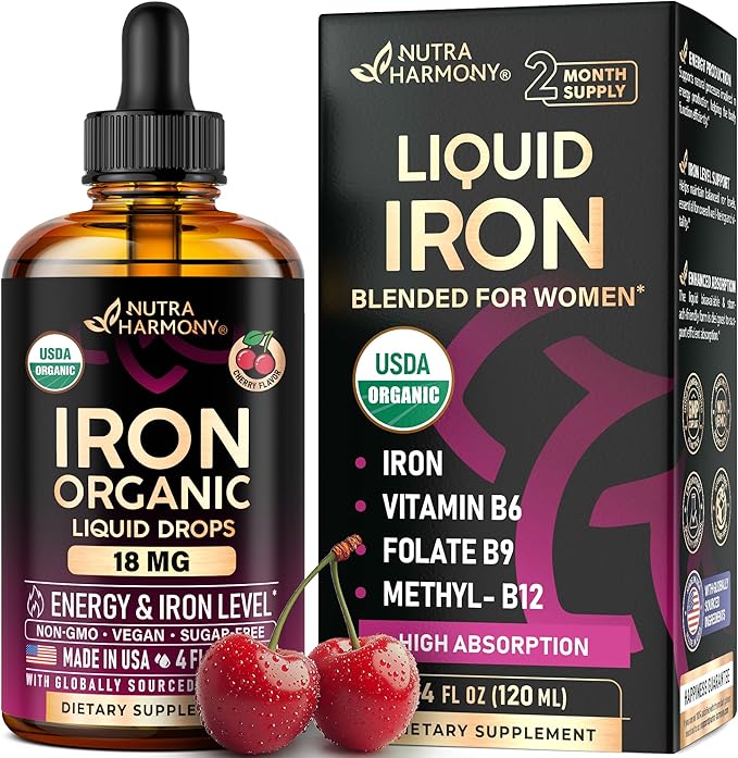 Liquid Iron Supplement for Women 18 mg - USDA Organic Iron Drops - with Folate, Vitamin B12 & B6 - Iron Level & Energy - Gentle & High Absorption Glycinate Form - Cherry Flavor, Sugar-Free - 4 fl oz