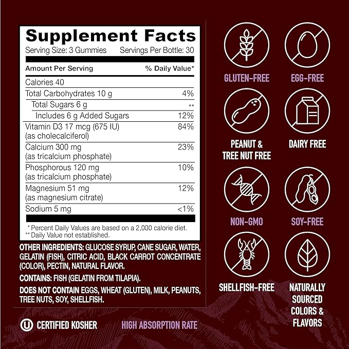 YUM-V'S Strong Earth Calcium, Magnesium, Vitamin D3 Gummies, Vitamin Gummies, Calcium Supplement for Strong Bone Health for Women & Men - Certified Kosher (90 Count)