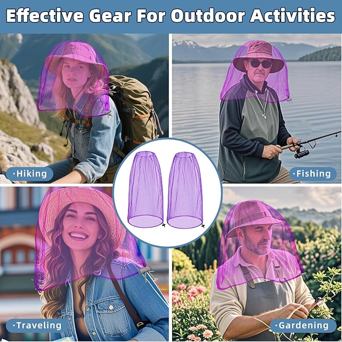 2 Pack Ultra Large Mosquito Net 42x25 Inches Mosquito Head Net Oversized Insect Netting Bug Fits Most Hats for Gardening Hiking Fishing Traveling(Purple)