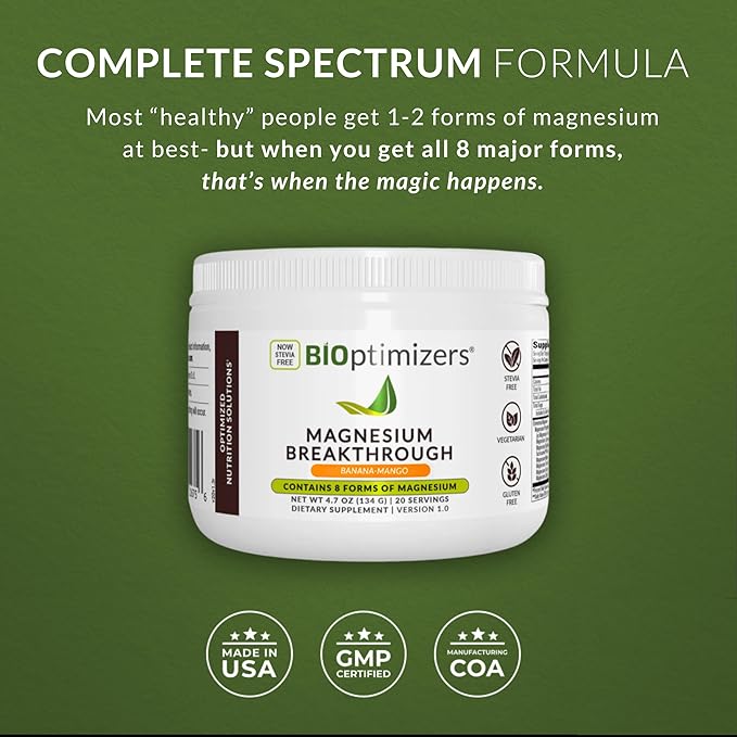 BIOptimizers Magnesium Breakthrough Drink Banana Mango - 8 Forms of Magnesium: Glycinate, Malate, Citrate, and More - Natural Sleep Supplement – 6 oz (30 Servings)