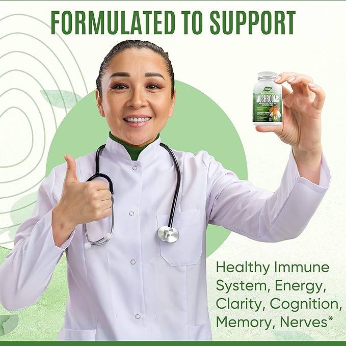 100% Pure Mushroom Supplement for Immune, Energy, Clarity, Cognition, Memory, Nerves Support - Lions Mane, Cordyceps, Reishi, Turkey Tail with Powerful Mushroom Blend