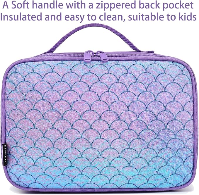 FlowFly Kids Lunch box Insulated Soft Bag Mini Cooler Back to School Thermal Meal Tote Kit for Girls, Boys,Glitter-Purple