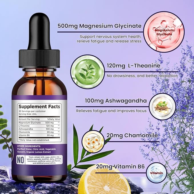 Magnesium Glycinate Supplement, Magnesium Liquid Drops with Magnesium Glycinate 500mg Vitamin B6, Ashwagandha, L - Theanine, Chamomile -Support Stress Relief, Bone, Muscle, Mood Vegan (Pack of 2)