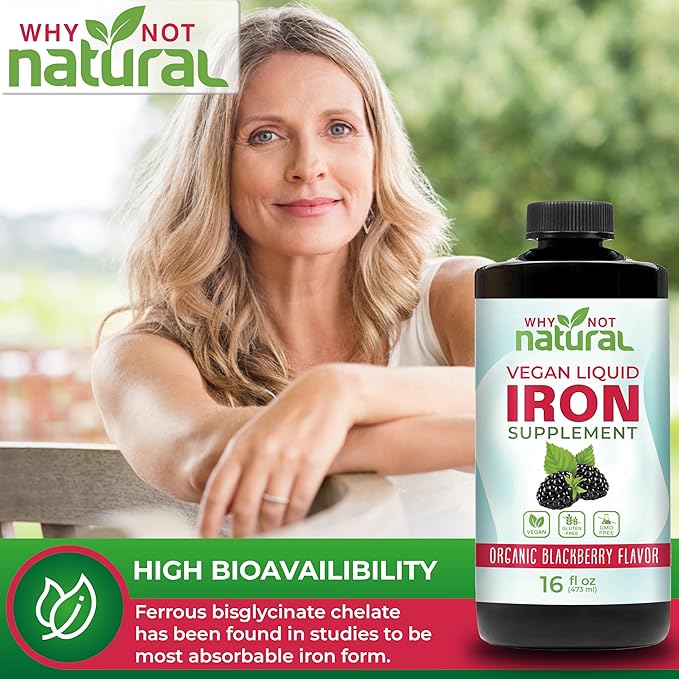 Why Not Natural Liquid Iron Supplement for Women, Men and Kids, Vegan Formulation for Anemia, Sugar Free, Vegan, Non-GMO, Organic BlackBerry Flavor 16 Fl Oz
