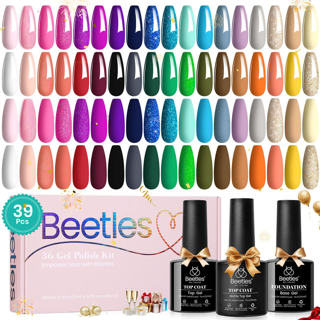 Beetles Gel Nail Polish Set 23Pcs Sparkle Red Pink Glitter Black Gel Polish Kit with 3Pcs Base Top Coat Soak off Uv Gel Polish Manicure Kit Gifts for Women Girls