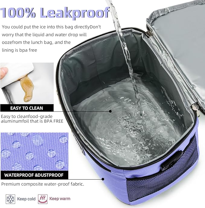 BEIMILY Lunch Box for Men/Women,Small Insulated Lunch Bag,Reusable LunchBox for work Picnic Hiking Beach,Leakproof Soft Cooler Tote Bag Organizer with Adjustable Shoulder Strap for Adults(Violet)