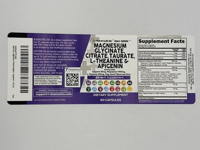 Magnesium Glycinate Complex 1000mg with L-Theanine 200mg Apigenin 50mg Citrate Taurate Supplement - 5-HTP GABA Passion Flower Lemon Balm L-Glycine Phosphatidylserine Ashwagandha - 2Pack