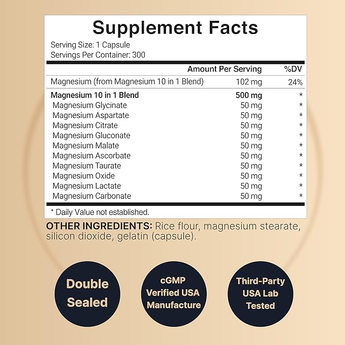 NatureBell Magnesium Complex Supplement 500mg, 300 Capsules | 10 Active Forms – Glycinate, Citrate, Taurate, Plus More | 100% Chelated & Purified | Bone, Heart, & Muscle Support | Non-GMO