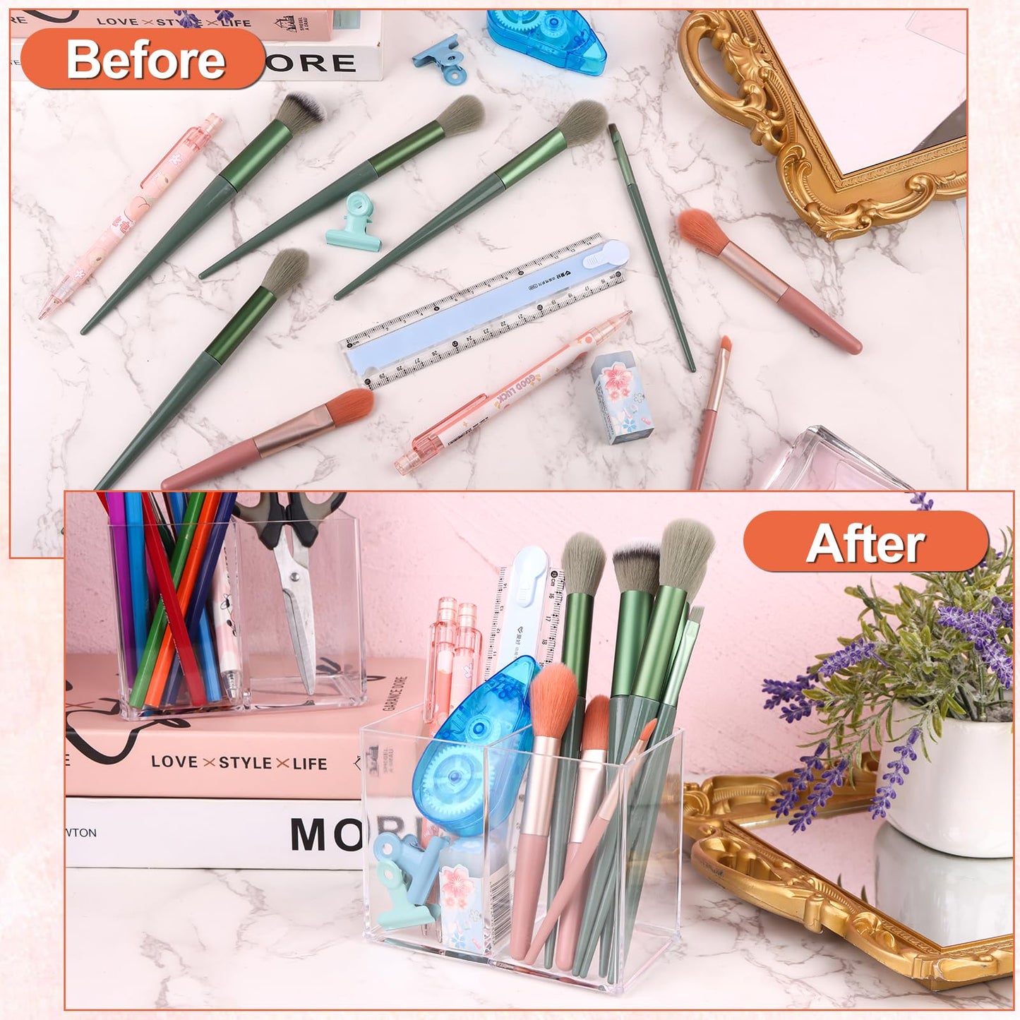 2Pcs Acrylic Pen Holder With 2 Compartments, Square Pencil Organizer, Transparent Cup for Makeup Brushes, Clear Storage Basket for School, Home, Office