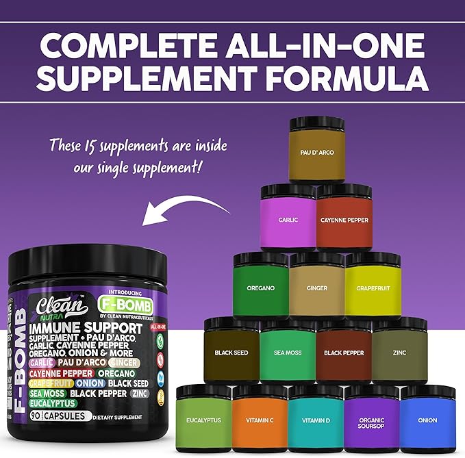 Organic Immune Support with PAU D'Arco Garlic Cayenne Pepper Oregano Ginger Grapefruit Onion Black Seed Sea Moss Black Pepper Zinc Eucalyptus Vitamin C Vitamin D Organic Soursop by Clean Nutra