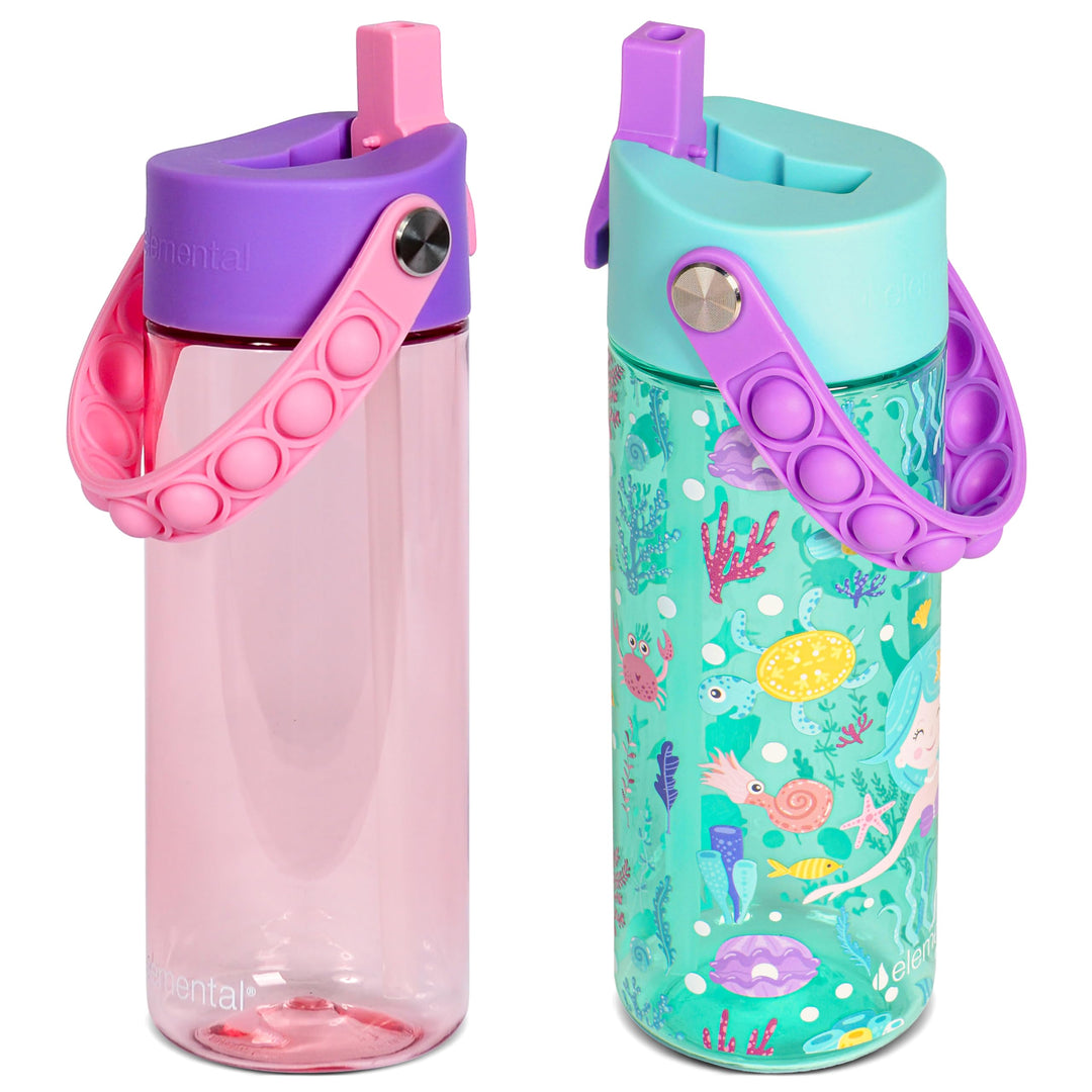 Elemental Leak Proof Water Bottles for Kids - Splash Kids Water Bottle for School with Fun Fidget Pop-it Handle - Tritan Plastic Water Bottle with Straw - Mermaid & Rose - 18oz (2 Pack)
