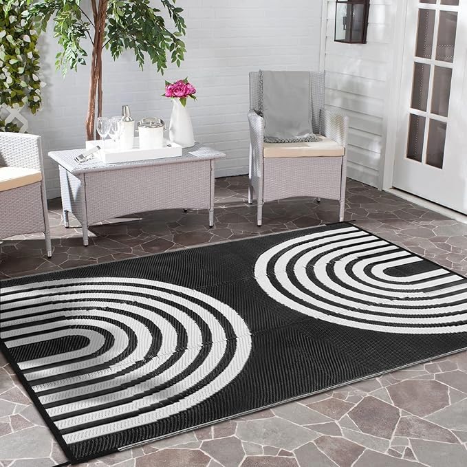 Anidaroel Outdoor Area Rug for Patio Clearance 5x8ft Waterproof, Reversible Plastic Straw Rug Outside Rug, UV Resistant RV Mat for Camping, Porch, Balcony, Pool Deck(Black&White, 5‘x8')