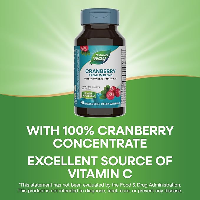 Nature's Way Premium Blend Cranberry, Urinary Tract Health Support*, with 100% Cranberry Concentrate, 400 mg Per Serving, 60 Capsules (Packaging May Vary)