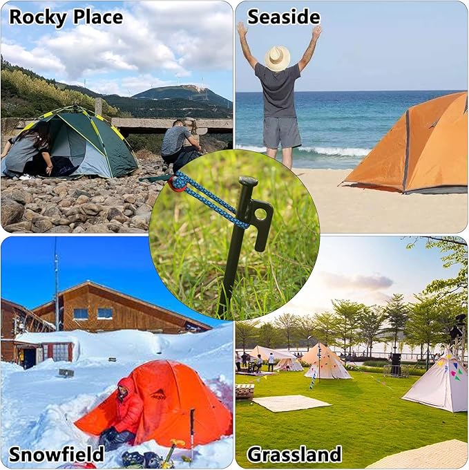 12 Pack Tent Stakes Heavy Duty, Multiuse Forged Steel Tent Pegs, 8 inch Metal Camping Ground Stakes, Unbreakable and Inflexible, Available in Rocky Place Dessert Snowfield and Grassland (Black)