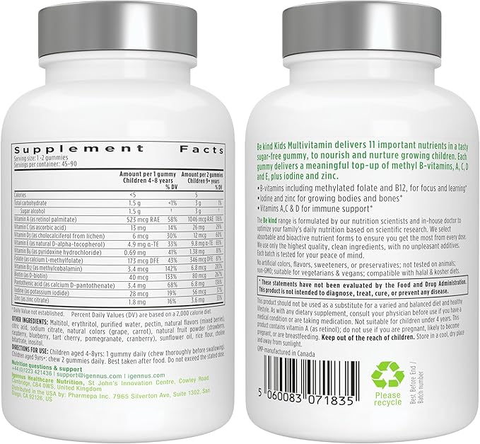 Igennus Methylated Kids Multivitamin Gummy, MTHFR Supplement with B-Vitamins & Vitamin D, No Artificial Sweeteners or Flavors, Sugar Free, Age 4+, 90 Berry Gummies, Non-GMO, Halal, Clean Label