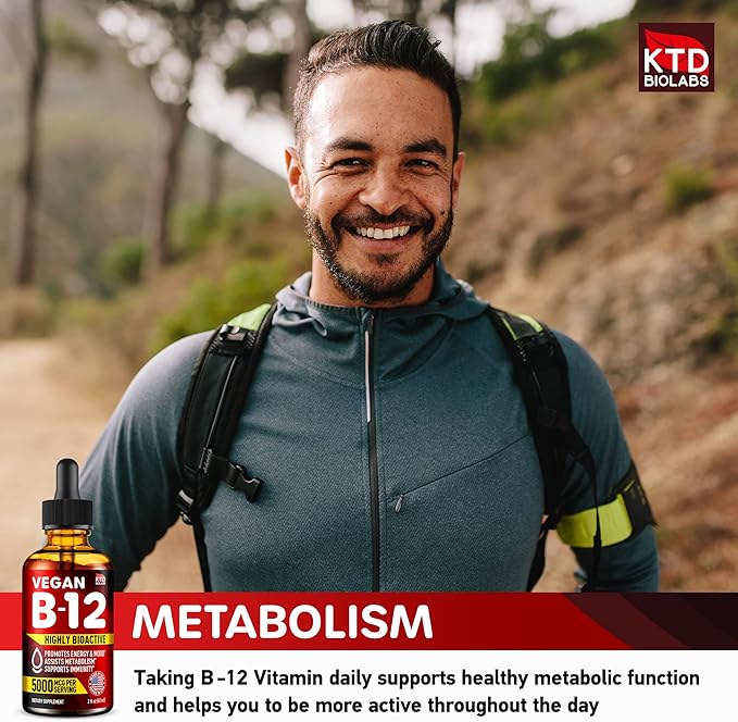 B12 Sublingual 5000 mcg Drops - Made in USA - Vegan B12 Vitamins for Energy, Mood & Memory - Highly Bioavailable Sublingual Drops - Methylcobalamin for Women & Men - 2 fl. oz.