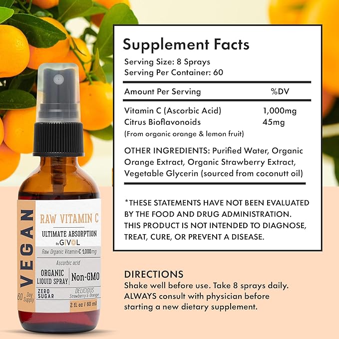 Vitamin C Extra Strength Spray: Daily Absorption Liquid Extract with Lemon, Orange, Strawberry, Rich in Ascorbic Acid, 2oz (60ml) 60 Day Supply